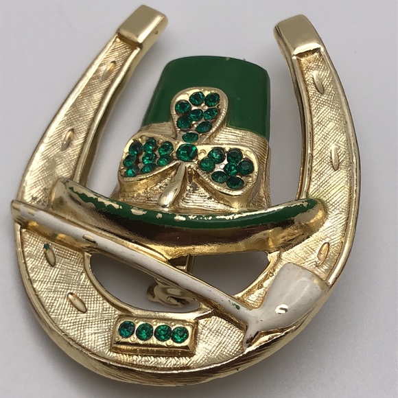 B.J. VTGHorseshoe St. Patrick's Day Green Rhinestones, Enamel & Gold tone Pin - Picture 6 of 7